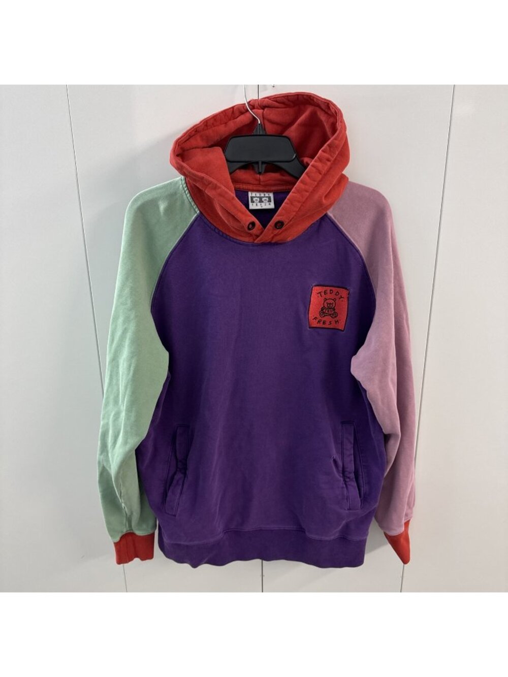 Teddy Fresh Colorblock Hoodie Mens M Multicolor Fleece‎ Pullover Bear Patch